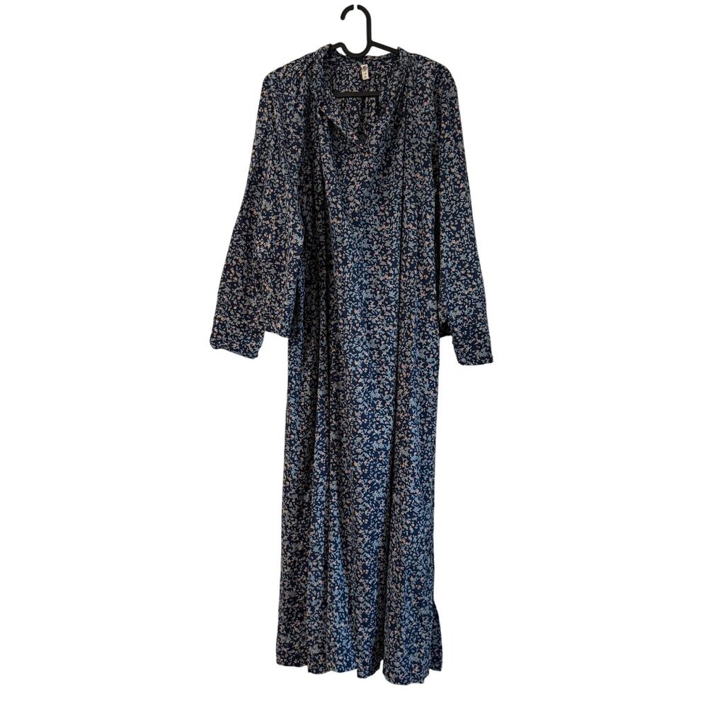 Mirth Blue Peach Floral Long Sleeve Caftan Maxi Dress Womens Size Small